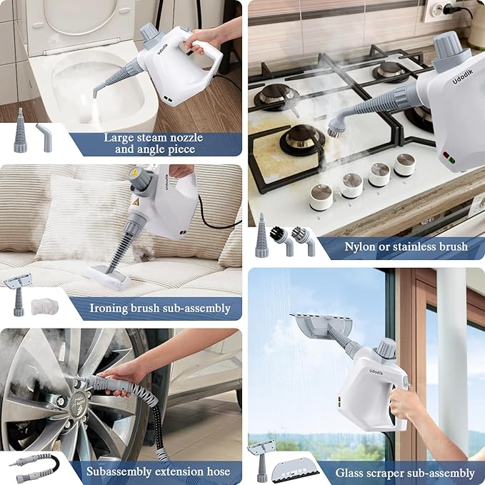 Handheld Steam Cleaner versatile and portable design comes with a safety lock and a 10-piece accessory set to easily remove dirt and grease (white).