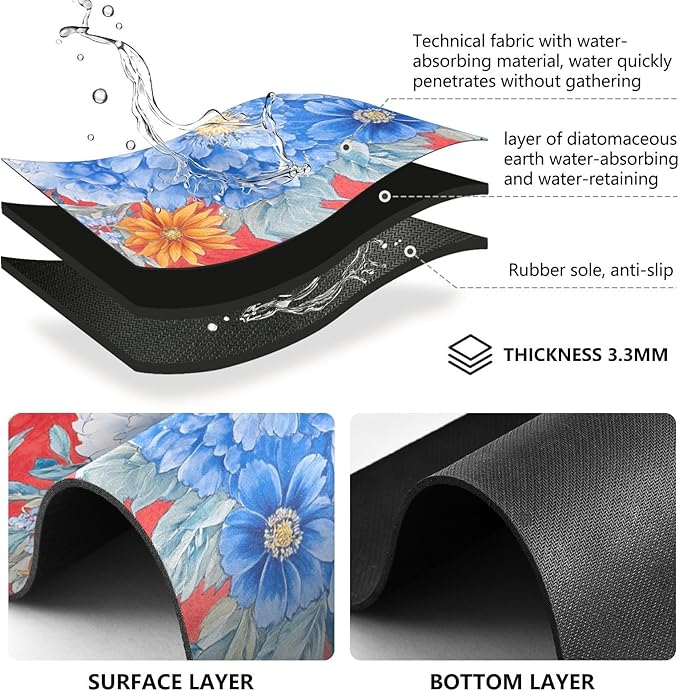 Spring Flowers Sunflower Cornflower Red Drying Dish Mat Absorbent Diatomaceous Earth Mat Dish Mat Drying Non-slip Kitchen Drainer Mat Kitchen Counter