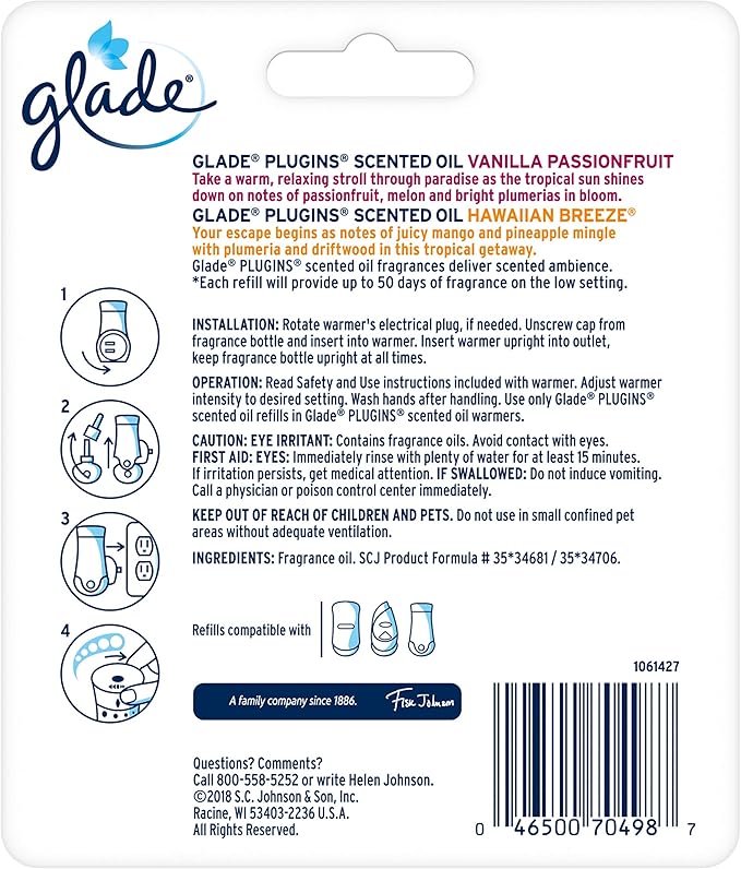 Glade PlugIns Refills Air Freshener Scented and Essential Oils for Home and Bathroom Hawaiian Breeze &amp Vanilla Passion Fruit 1.34 Oz 2 Count (Pack of 3)