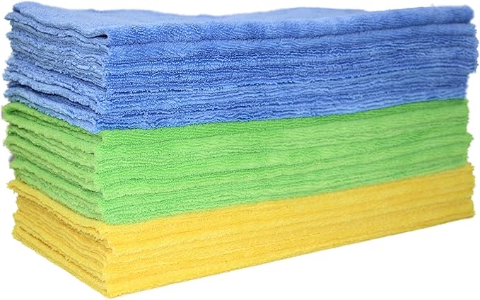 POLYTE Microfiber Cleaning Towel Ultrasonic Cut Edgeless (16x16 24 Pack Premium BlueGreenYellow)