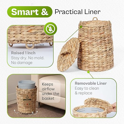 Handwoven Water Hyacinth Trash Can Set (2-Pack) 1.4 &amp 2.9 Gallon Wicker Trash Bins with Lid Removable Liner &amp Raised Feet for Bathroom Bedroom Office &amp Small Spaces