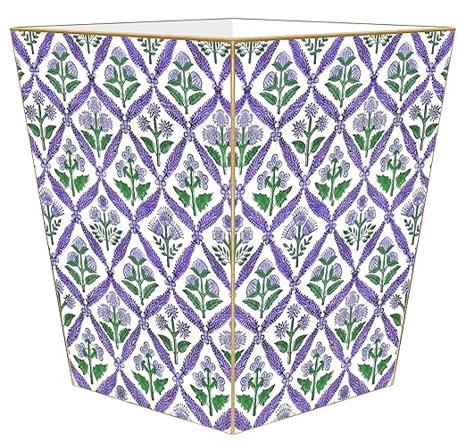 WB6423-Lavender Block Print Floral Wastepaper Basket Floral Décor Decoupage Wood Scalloped Top Decorative Wastebasket for Kitchen Bathroom Bedroom Living Room Office Handmade Made in the USA