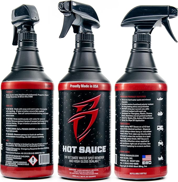 Boat Bling Hot Sauce Premium Hard Water Spot Remover w/High-Gloss Wax Sealants 32 oz. black