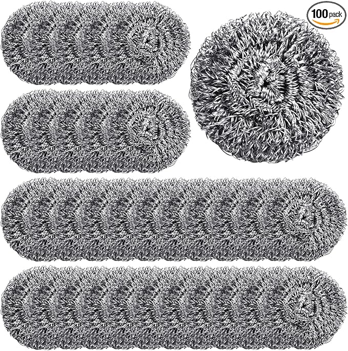 Yinkin 100 Pieces Stainless Steel Scrubber Bulk Steel Wool Scrubber Metal Sponge Wire Scouring Pad Heavy Duty Clean Dish Pot Pan and Oven for Kitchen Bathrooms and More