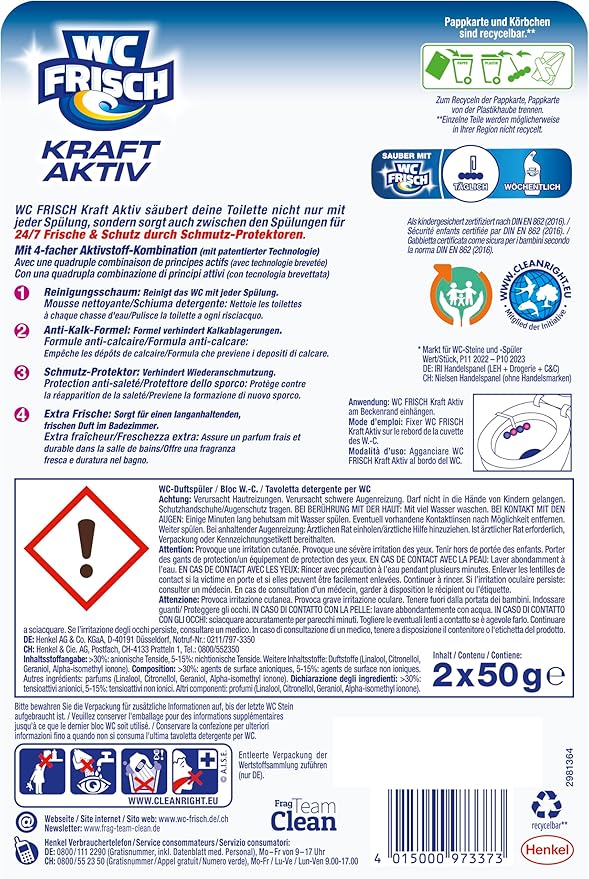 WC-Frisch Kraft Aktiv Fragrance Rinser Flower Freshness (2 x 50 g) Toilet Cleaner for Cleaning with Every Flush Fragrance Stones for Long-Lasting Fresh Fragrance + 50% Anti-limescale Effect