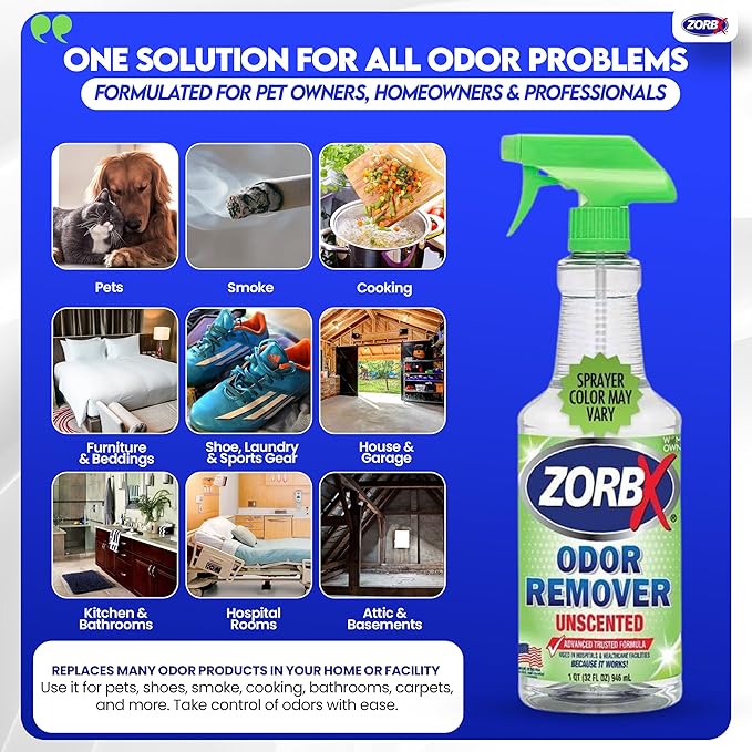 ZORBX Unscented Odor Remover Spray 32 oz - Perfect Solution for Strong Odor - Advanced Trusted Formula &amp Fast-Acting Odor Eliminator for Dog Cat Puppy