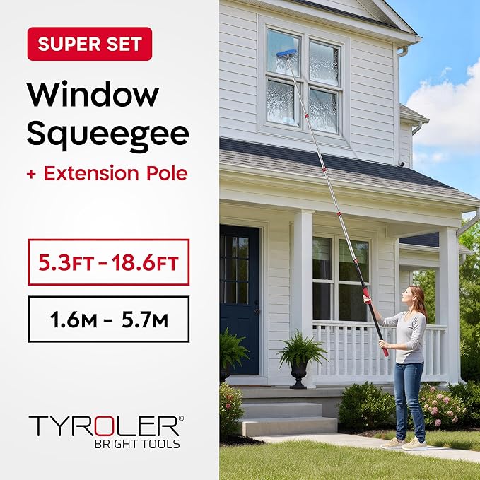 Tyroler Professional Window Squeegee with Extension Pole | 5.3-18.6ft Squeegee for Windows Cleaning | Outdoor Window Cleaner Tool Windows Washing Kit with Extension Pole | Window Cleaning Kit
