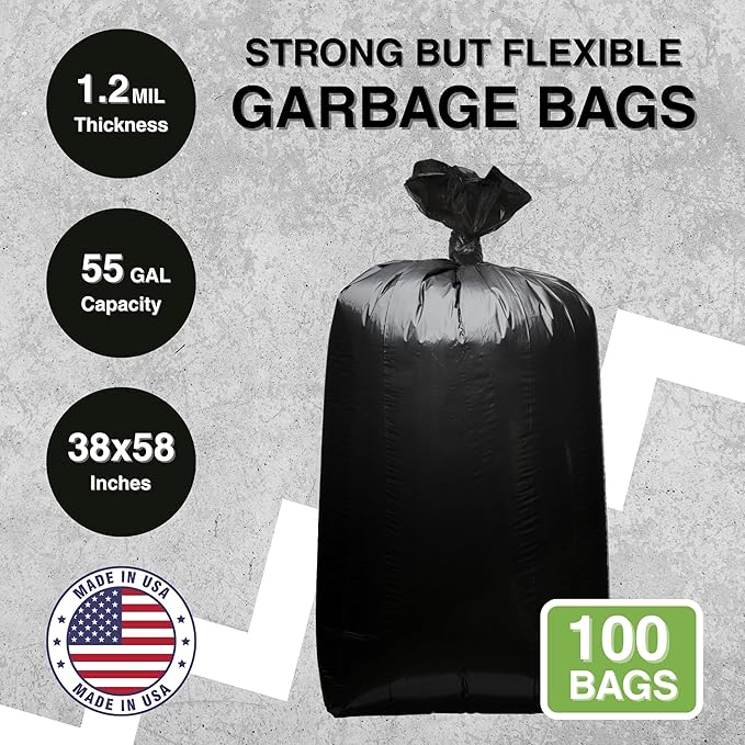 55 Gallon Garbage Trash Bag 38X58 1.2 Mil Black 100 Count Can Liner Bulk 56 Gallon 57 Gallon 58 Gallon 59 Gallon 60 Gallon 55-60 Gallon Made in USA