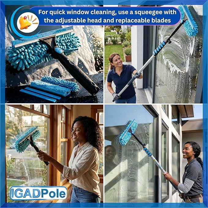 IGADPole 28 FT Water-Fed Washing Kit with Soap-Dispenser Brush 10″ Squeegee &amp Cobweb Duster for Windows Gutters Solar Panels &amp Exterior Walls