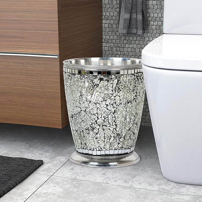 nu steel Iceberg Ice Collection Wastebasket Small Round Vintage Trash Can for Bathroom Bedroom Dorm College Office 8.5 x 8.5 x 10.4 Silver Mosaic Finish