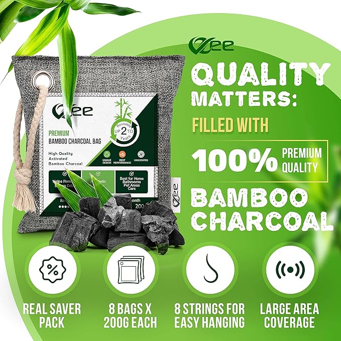 8 Bags x 200g Nature Fresh Activated Charcoal Odor Absorber Bamboo Charcoal Air Purifying Bag Odor Eliminator for Home Car Cigarette Smoke Dog Cat Shoes
