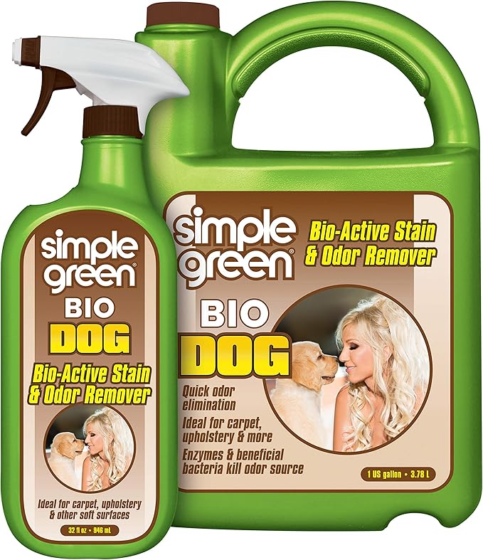 Simple Green Bio Dog Active Stain &amp Odor Remover - Enzyme Cleaner &amp Stain Remover for Carpet Rugs &amp Fabric – eliminates Urine Odor (32 oz Spray &amp 1 gal Refill)