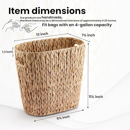 4 Gallons Wicker Waste Basket for Bathroom - Water Hyacinth Wicker Trash Can – Kitchen Bathroom Garbage Can Oval Magazine Basket - Desk Trash Can Office Garbage Can with Open Top Handles