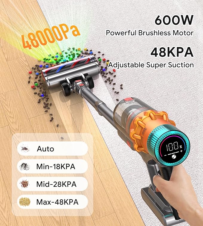Cordless Vacuum Cleaners for Home8-in-1/65Min/600W/48Kpa Powerful SuctionSelf-Standing Cordless Stick Vacuum CleanerLightweight Anti-Tangle Rechargeable Vacuum for Floor/Carpet/Pet Hair/Car