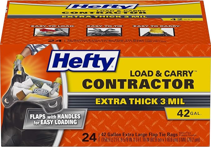 Hefty Load and Carry Contractor Heavy Duty Trash/Garbage Bags 42 Gallon 24 Count (Pack of 2)