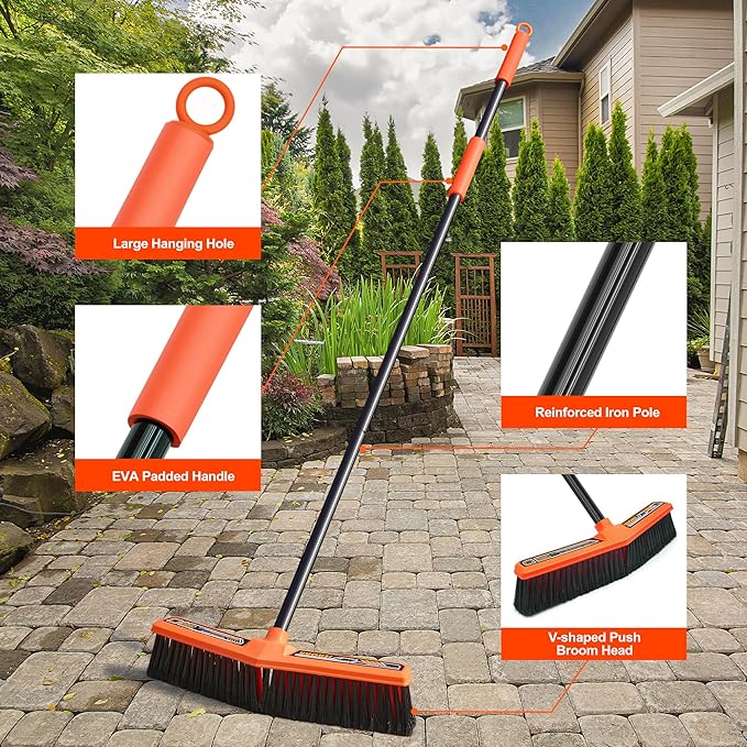 JEHONN Push Broom Outdoor Heavy Duty 15.7 inches V-Shaped Stiff Bristle Commercial Industrial Brush with 61” Long Handle for Garage Warehouse Shop Garden Patio Driveway Yard Street Deck (Orange)