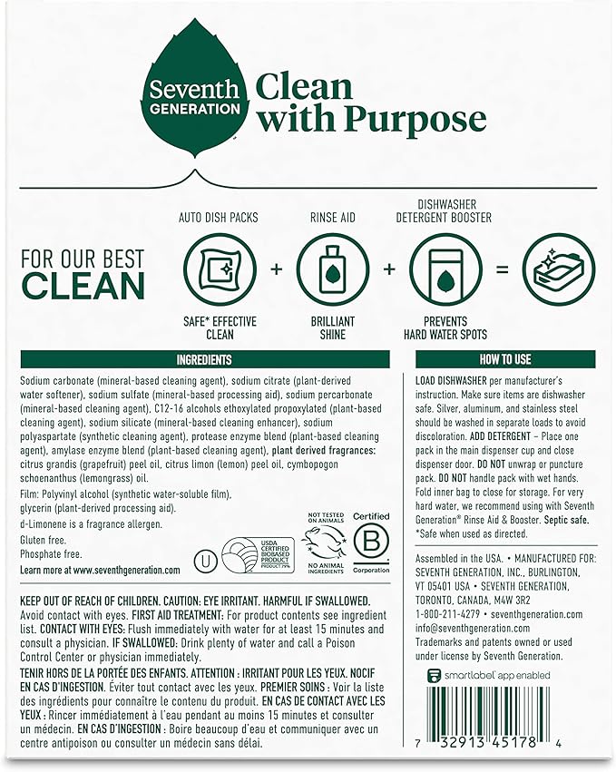 Seventh Generation Dishwasher Detergent Packs Lemon scent Pack of 6 for sparkling dishes Dishwasher tabs 20 count