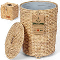 Small Bathroom Trash Can with Lid 2.9 Gallon Wastebasket Handwoven Water Hyacinth Wicker Trash Bin with Liner &amp Raised Feet for Bathroom Bedroom Office