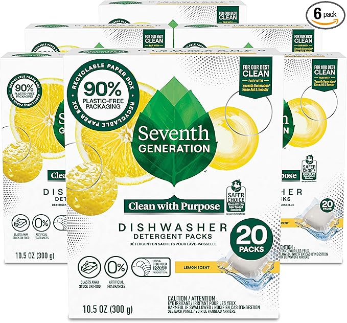 Seventh Generation Dishwasher Detergent Packs Lemon scent Pack of 6 for sparkling dishes Dishwasher tabs 20 count