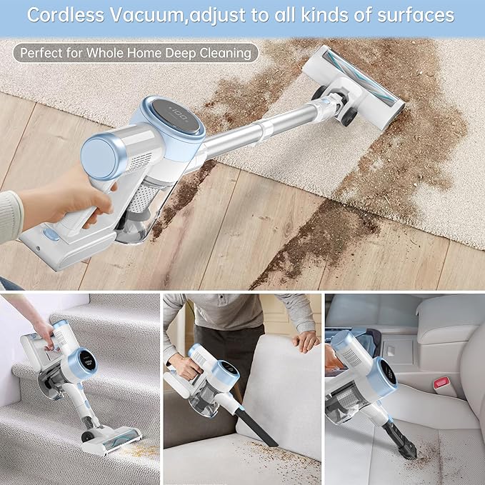 Cordless Stick Vacuum Cleaner 45KPA Powerful Suction 50Mins Runtime Lightweight 6-in-1 Vacuum with LED Touch Screen Anti-Tangle for Pet Hair Hard Floor Carpet Home Car