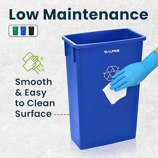 Alpine 23 Gallon Slim Recycling &amp Trash Bin Set – 3-Pack Blue/Black/Green Plastic Narrow Open-Top Garbage Cans for Office Home School &amp Commercial Use