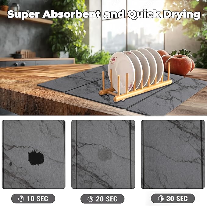 Quick Dry Collapsible Dish Drying Mat Eco-Friendly Absorbent Diatomaceous Earth Mats for Dishes Bottles Cups 20×16Large Stone Dish Drying Mats for Kitchen Counter (Gray 20（L）×16（W）)