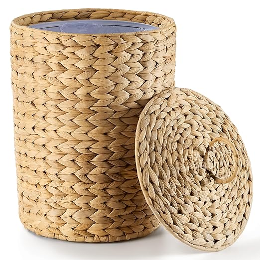 BLUEWEST 3 Gallons Wicker Trash Can with LidHandwoven Rattan Trash Can Woven Decorative Wastebasket Wicker Waste Basket with Removable Plastic Inner Bin for Bathroom Bedroom Office or Kitchen