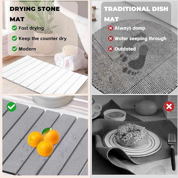 Quick Dry Collapsible Dish Drying Mat Eco-Friendly Absorbent Diatomaceous Earth Mats for Dishes Bottles Cups 24×16Large Stone Dish Drying Mats for Kitchen Counter (White 24（L）×16（W）)