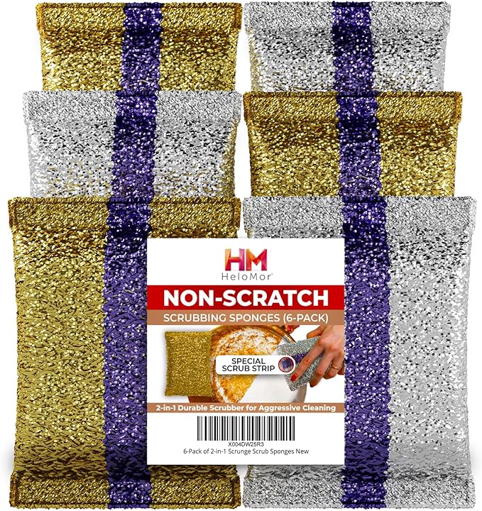 HELOMOR 6 Pack Dish Wash Sponges for Kitchen Heavy Duty Non Scratch Dish Sponge Wire Scrub Sponges for Cleaning Cookware Glass Countertops Pans Pots with Special Scrubbing Strip