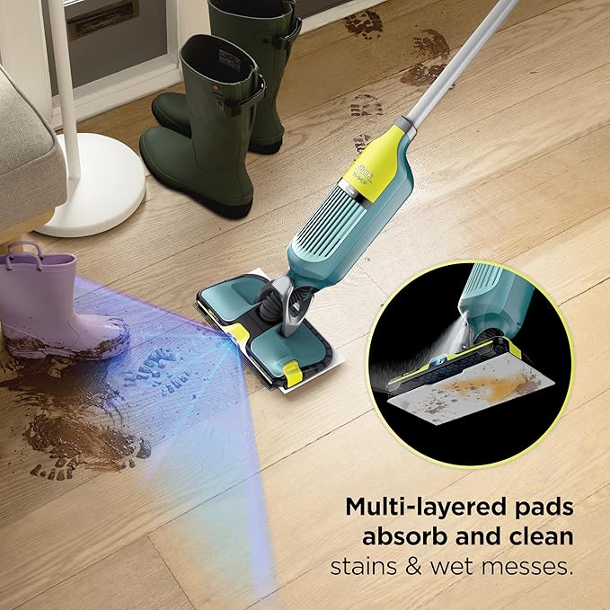 Shark VACMOP Reveal NEW Cordless Hard Floor Cleaner Vacuum &amp Spray Mop Powerful Suction Lightweight Illumination Light Includes 4 Disposable Pads 12oz Pet Multi-Surface Cleaning Solution VM