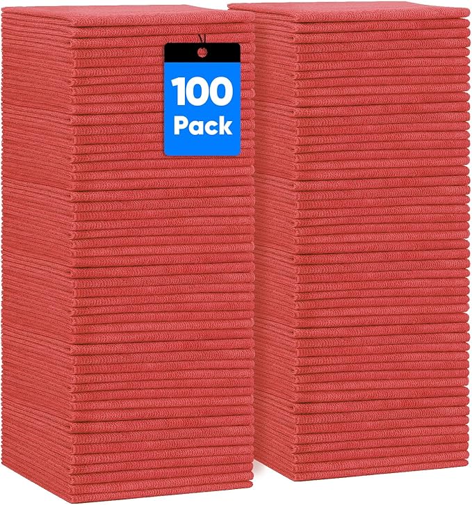 HOMEXCEL Red Shop Towels 100 Pack Reusable Microfiber Cleaning Cloth Bulk Multipurpose Microfiber Towels for Cars House and Kitchen Highly Absorbent Cleaning Rags 11.5 x 11.5 inch