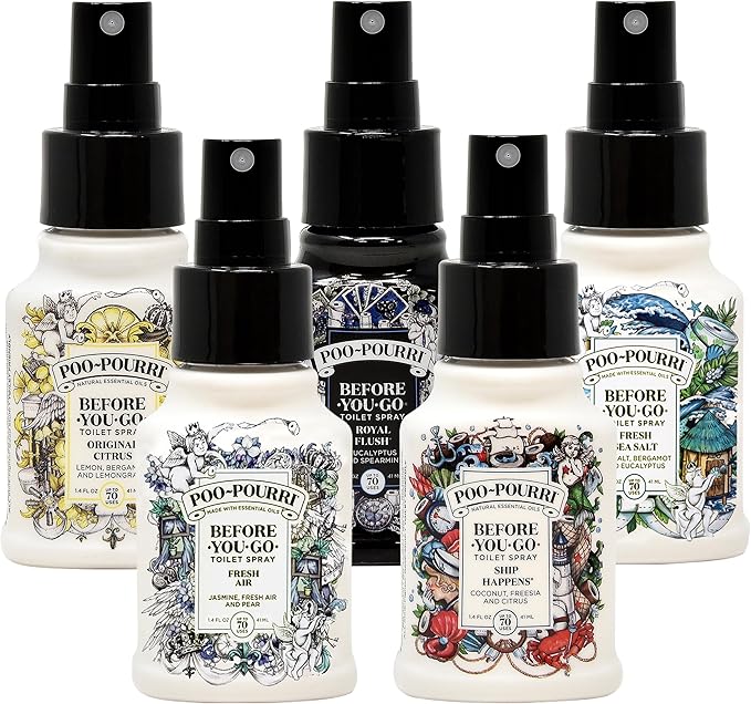 Poo-Pourri Set - Includes Original Citrus Fresh Sea Salt Fresh Air Ship Happens and Royal Flush 1.4 Ounce Bottles