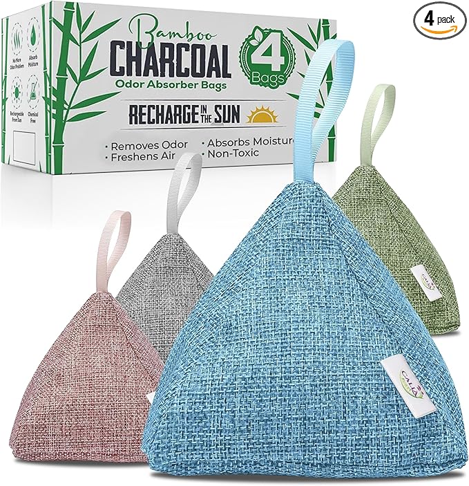 4 Pack Bamboo Charcoal Air Purifier Bags 200 Grams Each - Activated Charcoal Odor Absorber for Car Pets &amp Closet - Natural Freshener for Home Eco-Friendly &amp Reusable Charcoal Bags (Designer