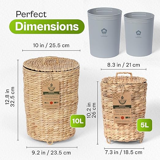 Handwoven Water Hyacinth Trash Can Set (2-Pack) 1.4 &amp 2.9 Gallon Wicker Trash Bins with Lid Removable Liner &amp Raised Feet for Bathroom Bedroom Office &amp Small Spaces