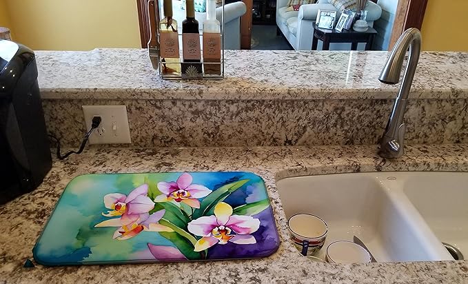 Caroline's Treasures DAC1562DDM Orchids in Watercolor Dish Drying Mat Absorbent Dish Drying Mat Pad for Kitchen Counter Dish Drainer Mat for Countertop 14 x 21 Multicolor