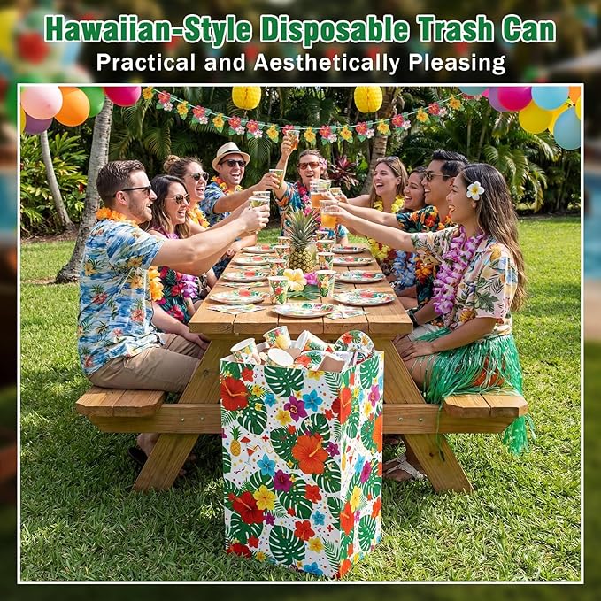 Tinlade 6 Pack 13 Gallon Tropical Disposable Trash Cans Extra Large Thickened Waterproof Reusable Garbage Bins Foldable Pop up Bins with Palm Leaves Hibiscus Flower for Summer Pool Beach Luau Party