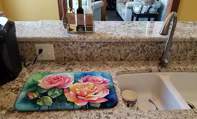 Caroline's Treasures DAC1692DDM New York Roses in Watercolor Dish Drying Mat Absorbent Dish Drying Mat Pad for Kitchen Counter Dish Drainer Mat for Countertop 14 x 21 Multicolor