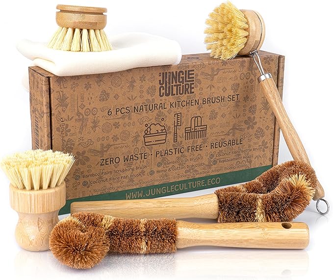 Jungle Culture® 6 Pack Bamboo Dish Brush Set for Washing Up • Natural Wooden Dish Brushes for Pans &amp Dishes • Eco Friendly Dish Scrubber for Bottles Pots &amp Vegetables • Non Toxic &amp Plasti