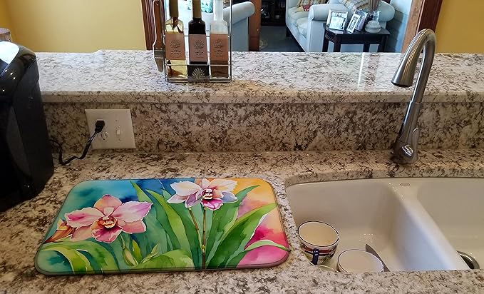 Caroline's Treasures DAC1555DDM Orchids in Watercolor Dish Drying Mat Absorbent Dish Drying Mat Pad for Kitchen Counter Dish Drainer Mat for Countertop 14 x 21 Multicolor