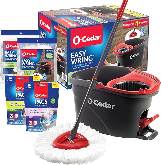 O-Cedar EasyWring Microfiber Spin Mop &amp Bucket Floor Cleaning System + 2 Extra Mop Head Replacements with Citrus and Lavender Pacs (Variety Pack)