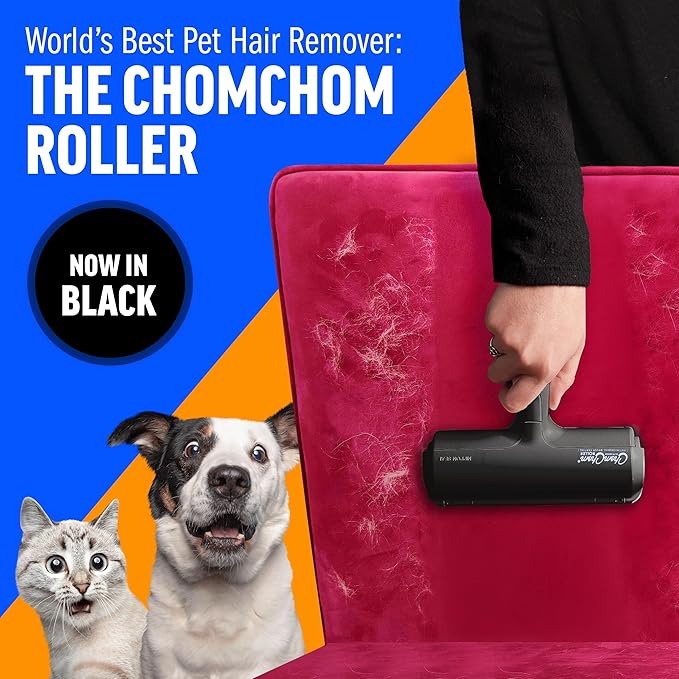 ChomChom Roller Pet Hair Remover – Original Size Reusable Lint Roller for Cat &amp Dog Hair on Furniture Couch Carpet Car Rugs &amp Bedding – Portable Eco-Friendly (Black)