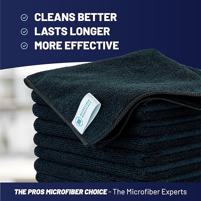 Microfiber Wholesale MW Pro 16x16 Auto Detailing Towels - Plush Car Drying Cloths for Wax Removal Interiors &amp Body Shops - Scratch Free (Black 12-Pack)