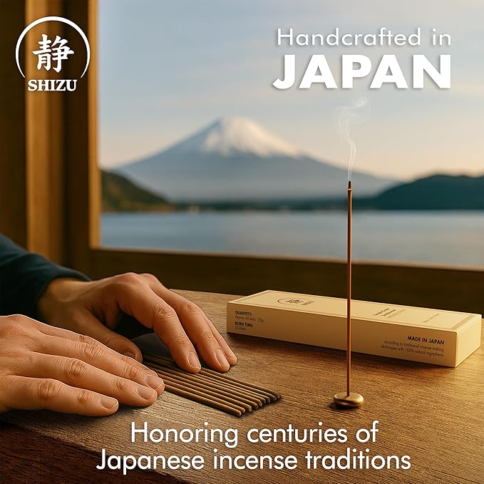 Shizu Sandalwood Incense Sticks – Artisanal Temple Grade Japanese Incense with Brass Holder – Calming Scent for Relaxation Meditation &amp Home Spa Elegant Gift Set (60 Sticks)