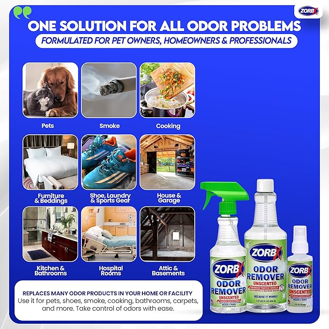 ZORBX Unscented Multipurpose Odor Eliminator 3 items Bundle: 2 Oz + 16 Oz + 32 Oz - Used in Hospitals &amp Healthcare Facilities - Advanced Trusted Formula - Perfect Bundle to Get Rid of Unpleasant O