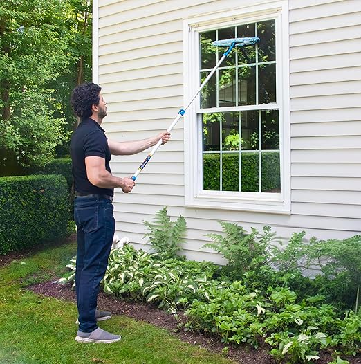 Unger Professional Connect and Clean 18” Grip Microfiber Window Scrubber with 8’ Pole High-Access Glass Surface Household Cleaning Supplies and Tools Reusable Microfiber Sleeve