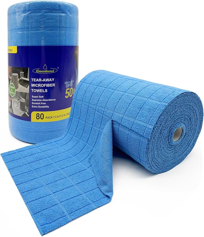 Greenfound Microfiber Cleaning Cloth Roll -80 PackTear Away Towels for CarReusable Paper Towels WashableSuper AbsorbentLint Free Cleaning Rags for HouseKitchenWindow-11.5×11.5(Check Blue)