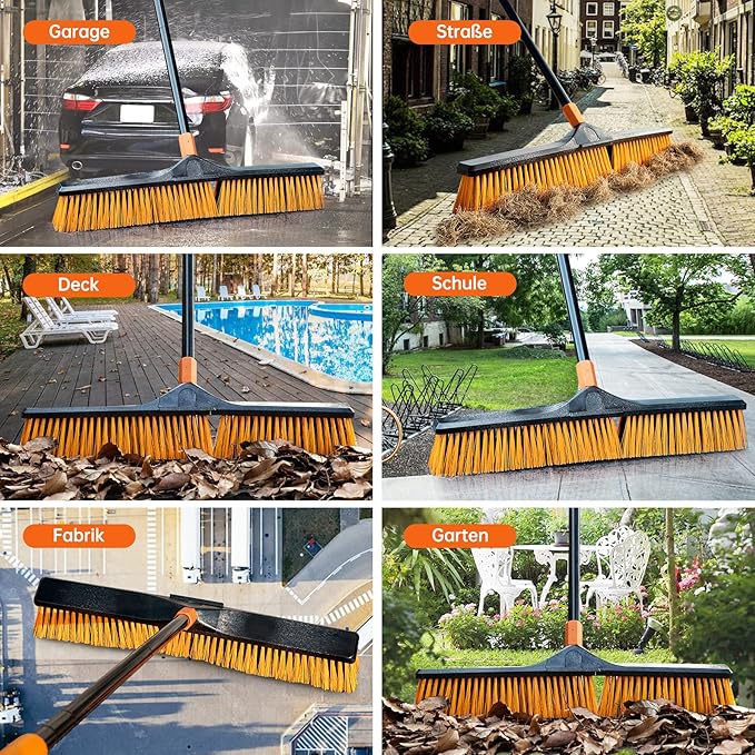 24”Push Broom Brush for Floor Cleaning with 65” Long Handle and Stiff Bristles Heavy Duty Brush for Shop Deck Garage ConcreteIndoor and Outdoor Broom 2 SetOrange