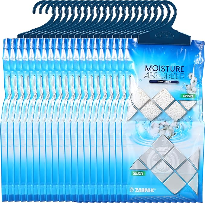 Hanging Moisture Absorber Fresh Cotton 10.6 oz/300g | Moisture Absorbing Bags for Bathroom Closet Kitchen &amp Vehicles | Removes Moisture Humidity &amp Odors | Portable Dehumidifier | Set Of 20