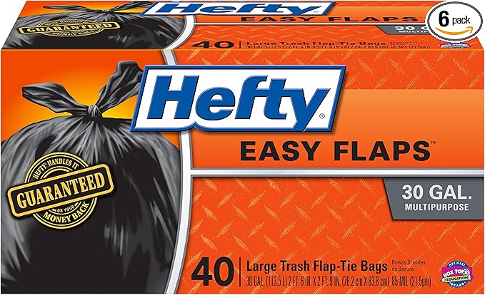 Hefty Multipurpose Easy Flaps Trash Bags 30 Gallon 40 Count (Pack of 6)