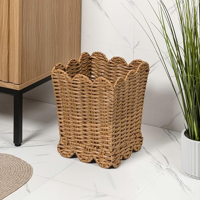 happimess HPM1409A-SET2 Silas Modern Farmhouse Resin 3.3-Gallon Tapered Square Wicker Watebasket with Scalloped Edge Natural (Set of 2)